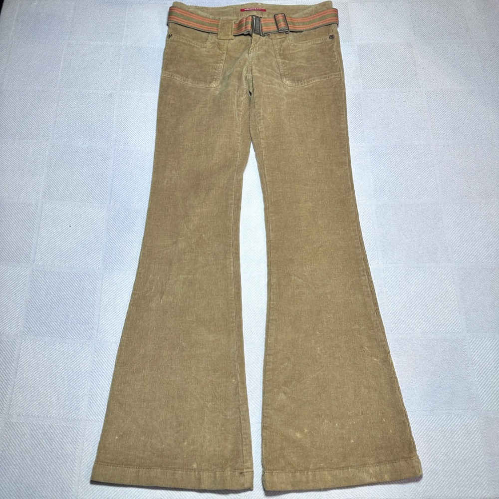 Vintage Y2K Unionbay Corduroy Flare Pants Womens 3 Belted Low Rise Boho Khaki